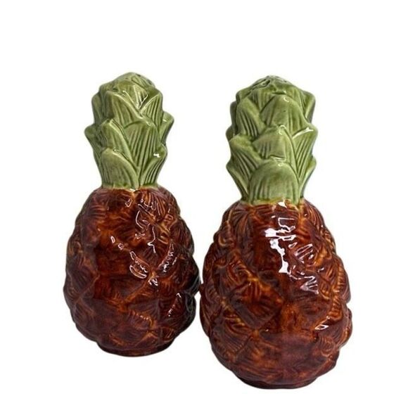 Vintage Pineapple Salt And Pepper Shakers Set 5.5" Brown Green Glazed Ceramic - Picture 2 of 6